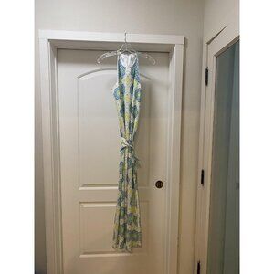 Hutch Dress Womens Medium White Blue Green Maxi Halter Geometric Print Party